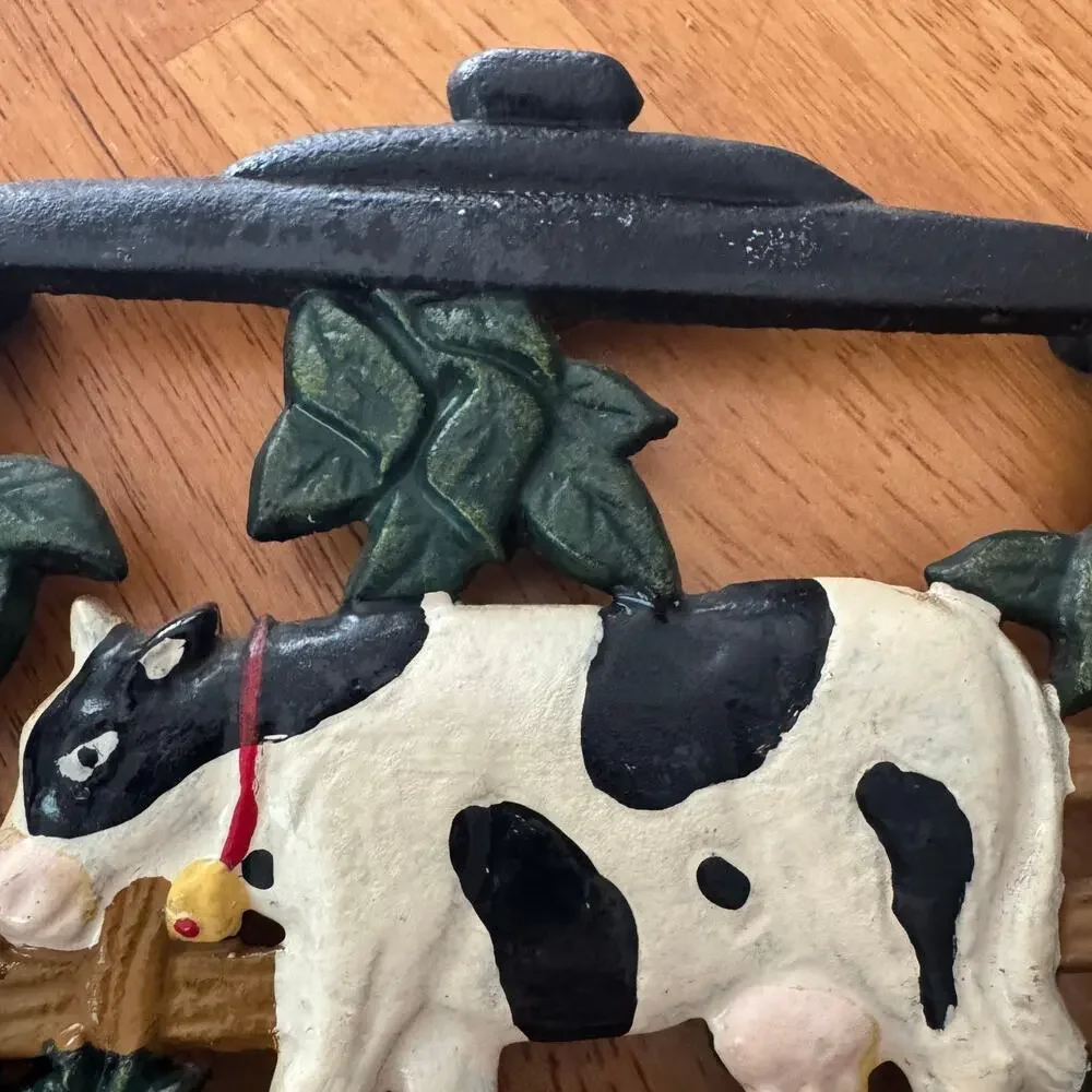 Vintage Black Cast Iron Tea Kettle Cow Wall Hanging 6x8 Kitchen Trivet Cottage